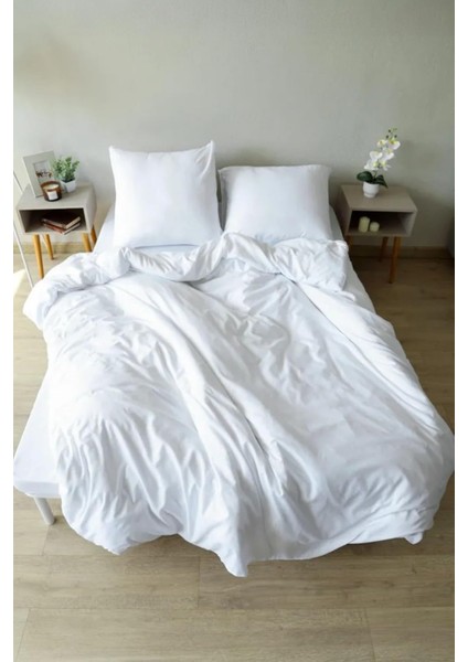 Beyaz Çift Kişilik Çarşaf Düğmeli Nevresim TAKIM%100 Pamuk 2 Adet Yastık Kılıf, 83TEL