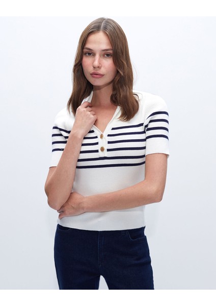Yeni Sezon Polo Yaka Çizgili Kadın Triko Kazak
