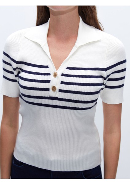 Yeni Sezon Polo Yaka Çizgili Kadın Triko Kazak modelleri