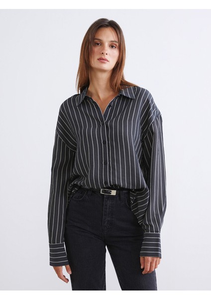 Yeni Sezon Çizgili Poplin Kadın Gömlek