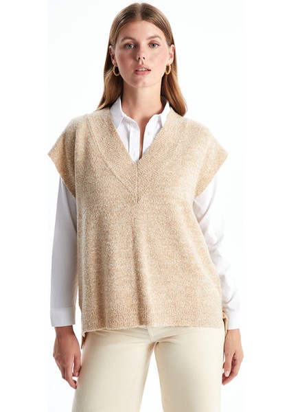 Yeni Sezon Kadın V Yaka Düz Triko Süveter