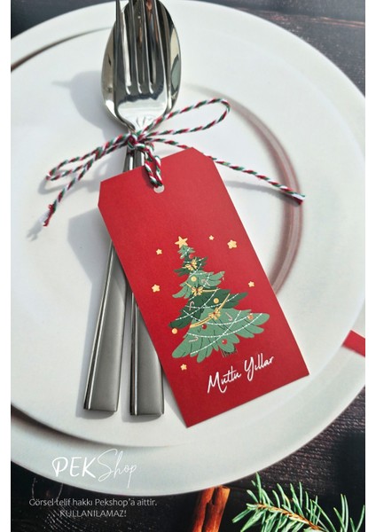 Yılbaşı Sofrası Süsü Çatal Bıçak Ipli Kart Yılbaşı Hediye Kartı Çam Ağacı Tasarım 10LU Paket