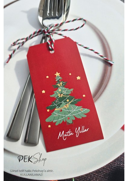 Yılbaşı Sofrası Süsü Çatal Bıçak Ipli Kart Yılbaşı Hediye Kartı Çam Ağacı Tasarım 10LU Paket fiyatları