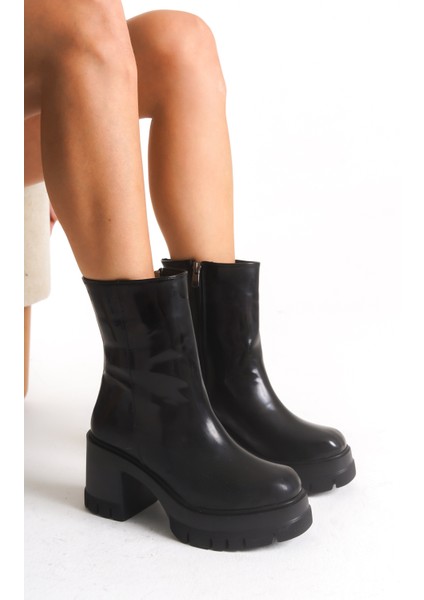 Deri Görünümlü Cilt Yandan Fermuarlı Yüksek Kalın Topuklu Kışlık Kadın Siyah Kısa Bot Bootie modelleri