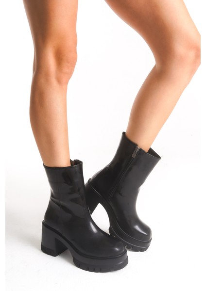 Deri Görünümlü Cilt Yandan Fermuarlı Yüksek Kalın Topuklu Kışlık Kadın Siyah Kısa Bot Bootie fırsatları