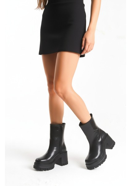 Deri Görünümlü Cilt Yandan Fermuarlı Yüksek Kalın Topuklu Kışlık Kadın Siyah Kısa Bot Bootie indirimleri