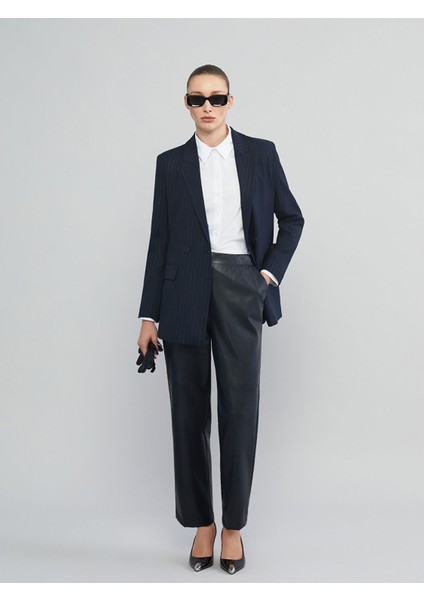 Yeni Sezon Beli Lastikli Deri Görünümlü Kadın Pantolon