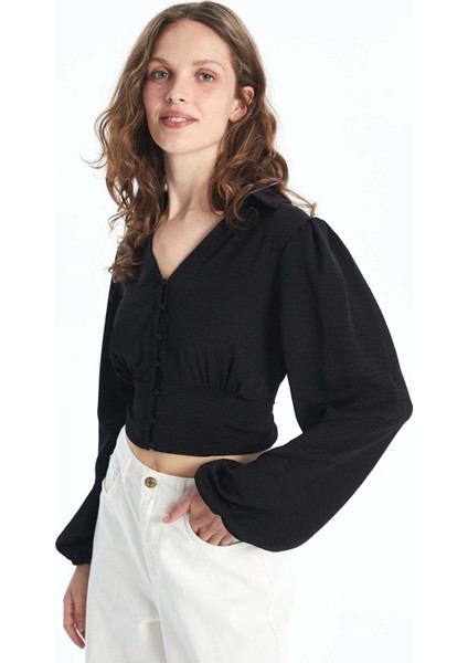 Yeni Sezon Gömlek Yaka Düz Uzun Kollu Kadın Crop