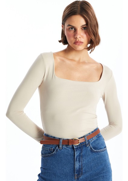 Yeni Sezon Kare Yaka Düz Uzun Kollu Kadın Body