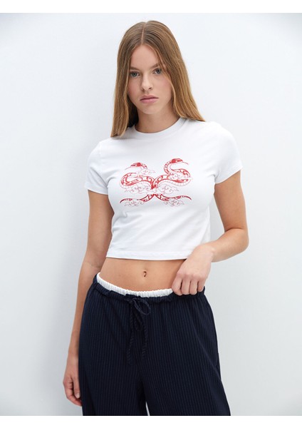 Yeni Sezon Bisiklet Yaka Baskılı Kadın Crop