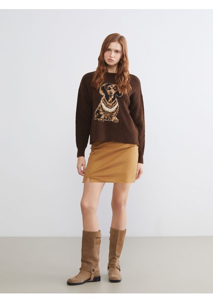 Yeni Sezon Köpek Desenli Oversize Kadın Triko Kazak fiyatları