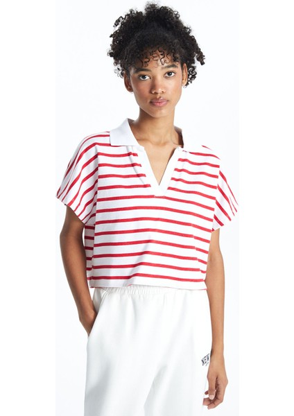 Yeni Sezon Polo Yaka Çizgili Kısa Kollu Oversize Kadın Crop