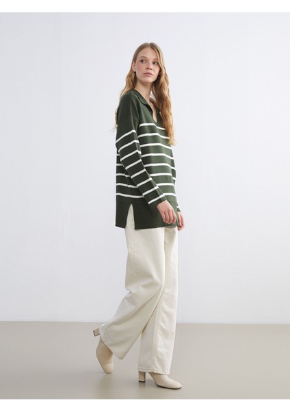 Yeni Sezon Polo Yaka Çizgili Oversize Kadın Triko Kazak fiyatları