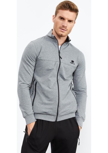 Gri Melanj - Siyah Dik Yaka Fermuarlı Standart Kalıp Klasik Paça Erkek Eşofman Takımı - 85152