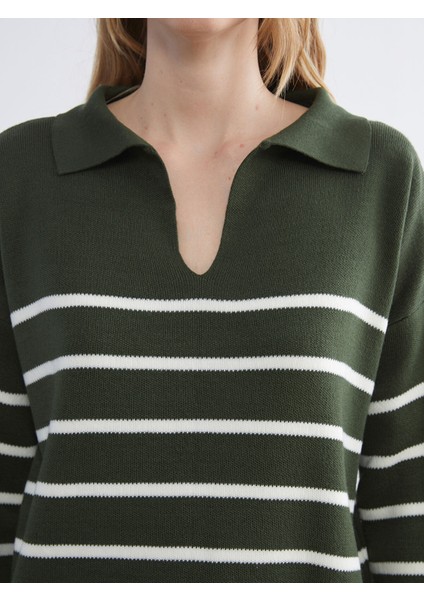 Yeni Sezon Polo Yaka Çizgili Oversize Kadın Triko Kazak modelleri