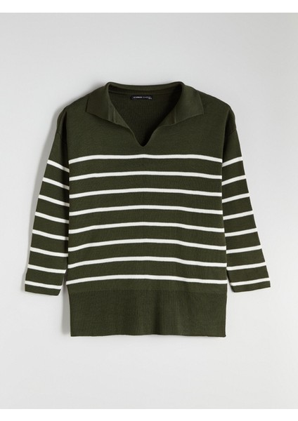 Yeni Sezon Polo Yaka Çizgili Oversize Kadın Triko Kazak indirimleri