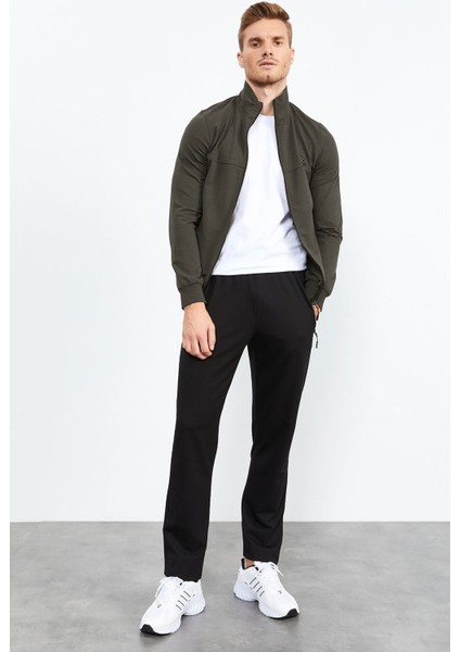 Haki - Siyah Dik Yaka Fermuarlı Standart Kalıp Klasik Paça Erkek Eşofman Takımı - 85152