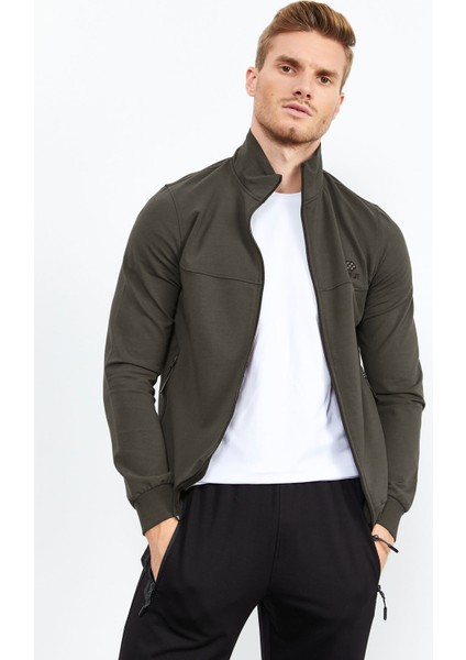 Haki - Siyah Dik Yaka Fermuarlı Standart Kalıp Klasik Paça Erkek Eşofman Takımı - 85152