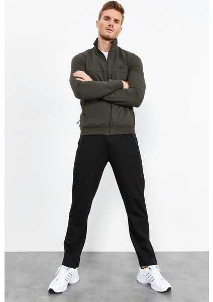 Haki - Siyah Dik Yaka Fermuarlı Standart Kalıp Klasik Paça Erkek Eşofman Takımı - 85152
