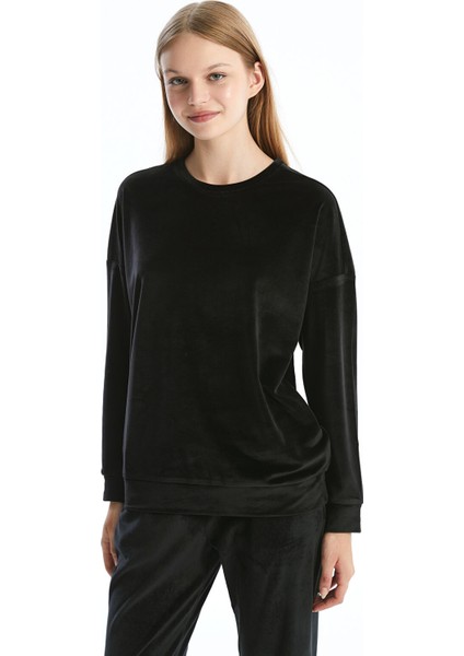 Yeni Sezon Bisiklet Yaka Düz Uzun Kollu Kadın Pijama Üst