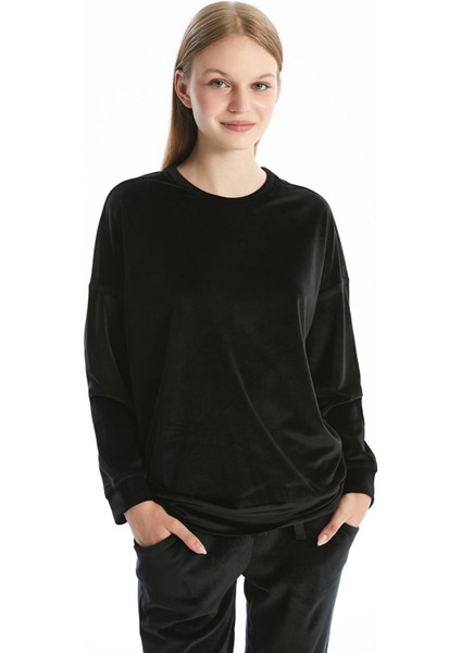 Yeni Sezon Bisiklet Yaka Düz Uzun Kollu Kadın Pijama Üst modelleri