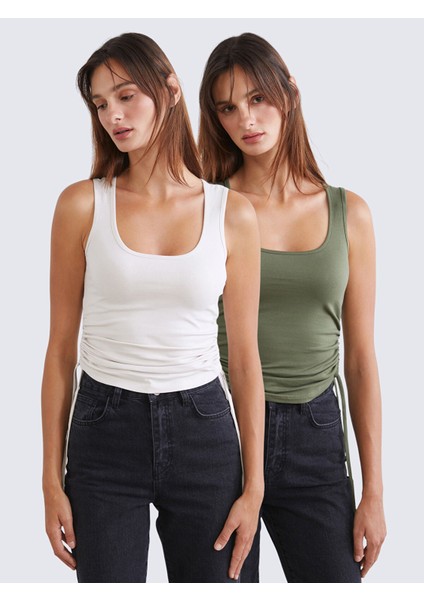 Yeni Sezon Kare Yaka Büzgülü Kadın Atlet 2'li