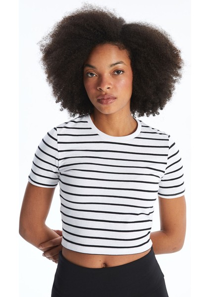 Yeni Sezon Bisiklet Yaka Çizgili Kısa Kollu Kadın Crop