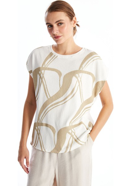 Yeni Sezon Bisiklet Yaka Desenli Dokulu Kadın Bluz