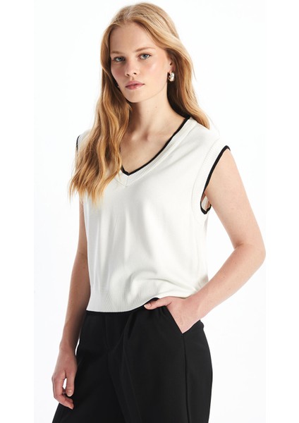 Yeni Sezon Kadın V Yaka Düz Triko Süveter