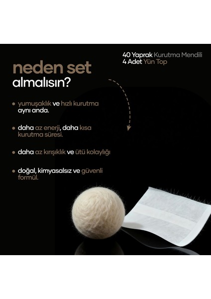 4'lü Doğal Yün Kurutma Topu ve Kurutma Mendili Seti fiyatları