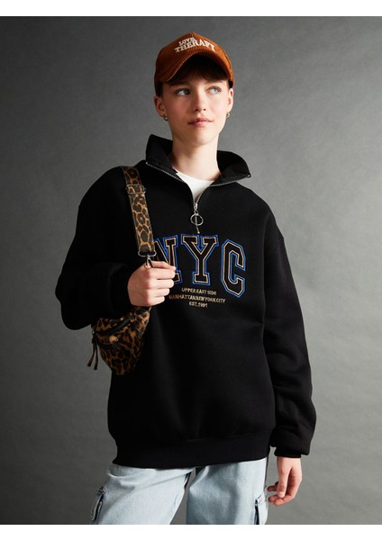 Yeni Sezon Dik Yaka Baskılı Oversize Kadın Kalın Sweatshirt