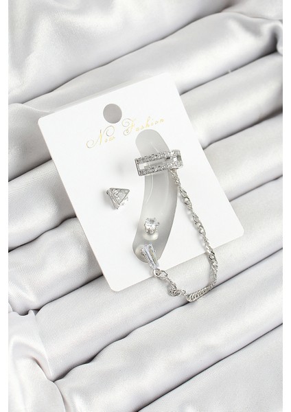 Pirinç Üçgen Figürlü Zirkon Taşlı Gümüş Renk 3'lü Kıkırdak Kadın Küpe Set - TJ-BKP10658