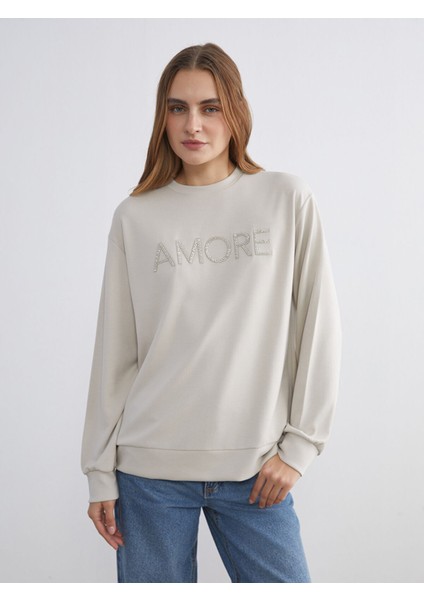 Yeni Sezon Bisiklet Yaka Taşlı Kadın Sweatshirt