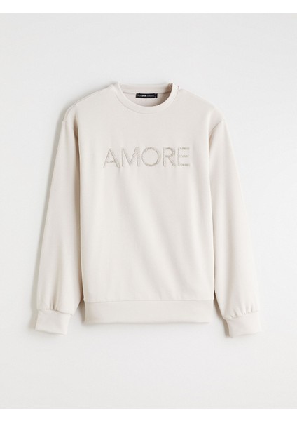 Yeni Sezon Bisiklet Yaka Taşlı Kadın Sweatshirt indirimleri