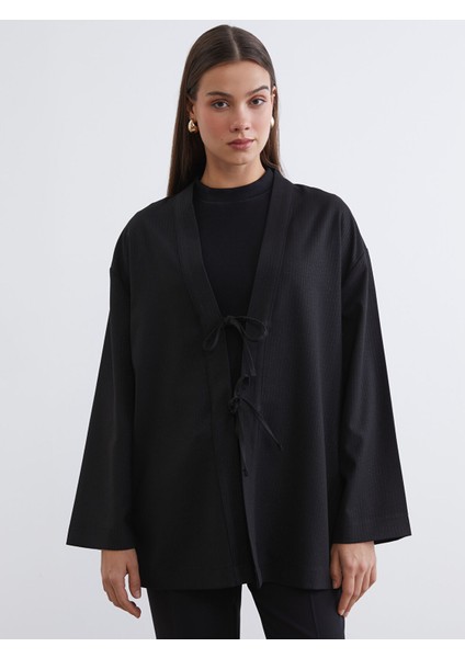 Yeni Sezon Şal Yaka Çizgili Oversize Kadın Kimono