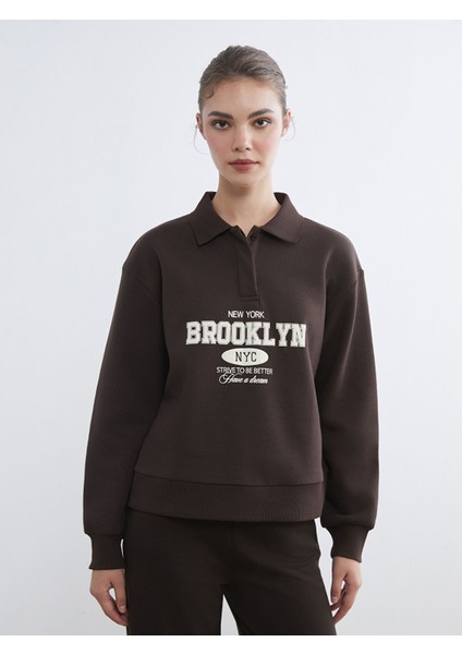 Yeni Sezon Polo Yaka Brooklyn Baskılı Kadın Kalın Sweatshirt