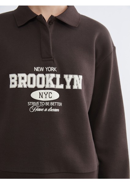 Yeni Sezon Polo Yaka Brooklyn Baskılı Kadın Kalın Sweatshirt modelleri
