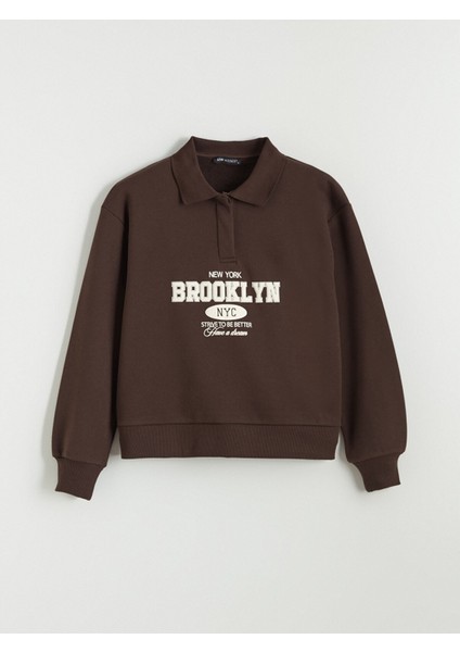 Yeni Sezon Polo Yaka Brooklyn Baskılı Kadın Kalın Sweatshirt indirimleri