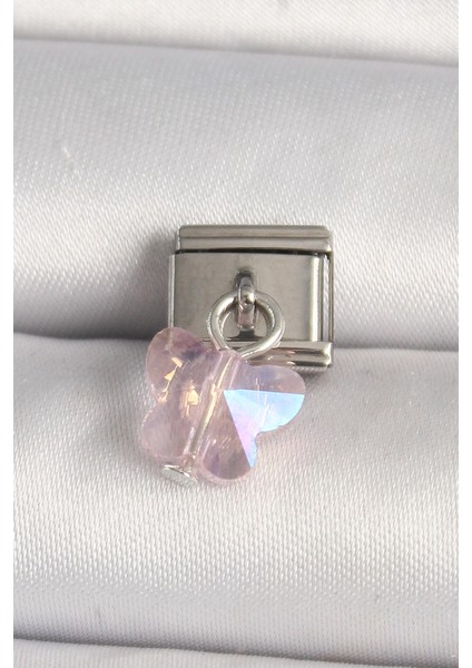 316L Çelik Gümüş Renk Pembe Zirkon Taşlı Kelebek Model Nomination Charm - TJ-BC1319