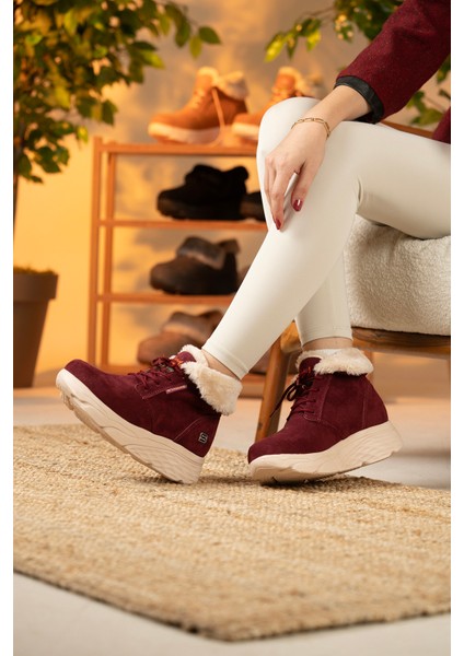 Kadın Süet Kürklü Kısa Spor Bot SS001-0478 Bordo modelleri