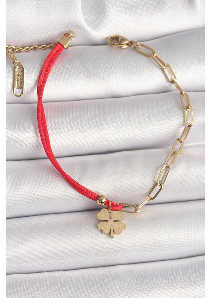 316L Çelik Gold Renk Zincir Kırmızı Ip Model Sallantı Yonca Figür Kadın Bileklik - TJ-BB6867