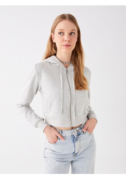 Yeni Sezon Kapüşonlu Düz Crop Kadın Kalın Fermuarlı Sweatshirt