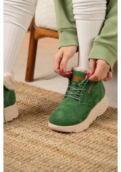 Kadın Süet Kürklü Kısa Spor Bot SS001-0478 Yeşil fırsatları