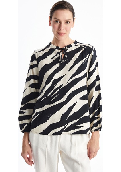 Yeni Sezon Bağlamalı Yaka Desenli Uzun Kollu Kadın Bluz