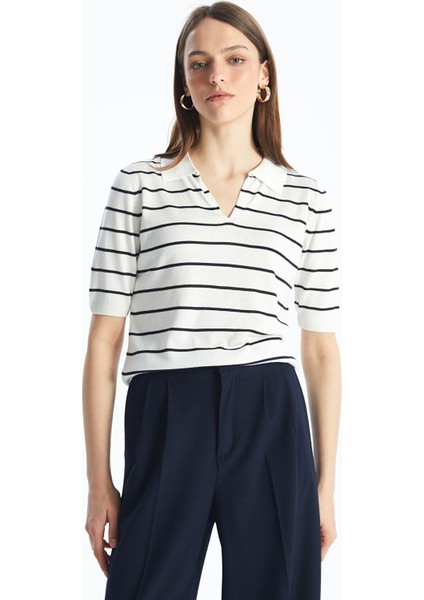 Yeni Sezon Polo Yaka Çizgili Kısa Kollu Kadın Triko Kazak