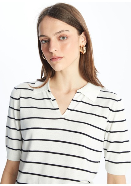 Yeni Sezon Polo Yaka Çizgili Kısa Kollu Kadın Triko Kazak modelleri
