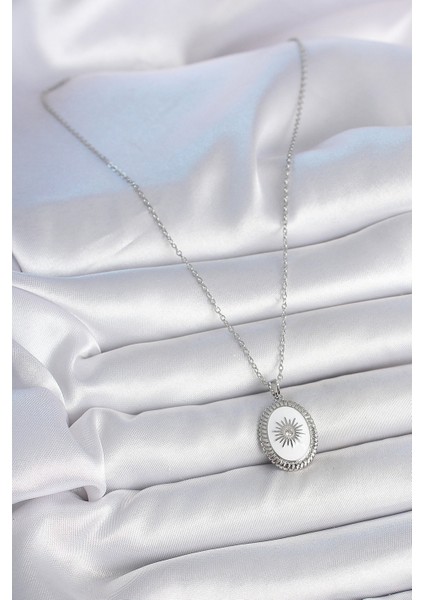 316L Çelik Gümüş Renk Beyaz Mineli Güneş Işlemeli Nazar Boncuk Detay Madalyon Model Kadın Kolye - TJ-BKO10054 fiyatları