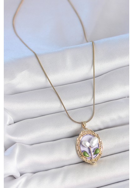 316L Çelik Gold Renk Mor İncili Çiçek İşlemeli Portre Model Kadın Kolye - TJ-BKO10146 fiyatları