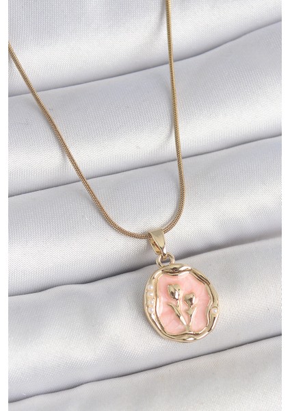 316L Çelik Gold Renk Zincir Pembe Mineli Çiçek İşlemeli Portre Model Kadın Kolye - TJ-BKO10165