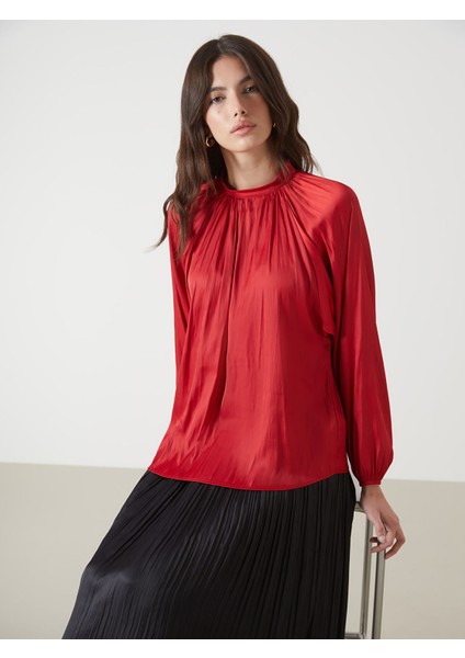 Yeni Sezon Dik Yaka Oversize Saten Kadın Bluz